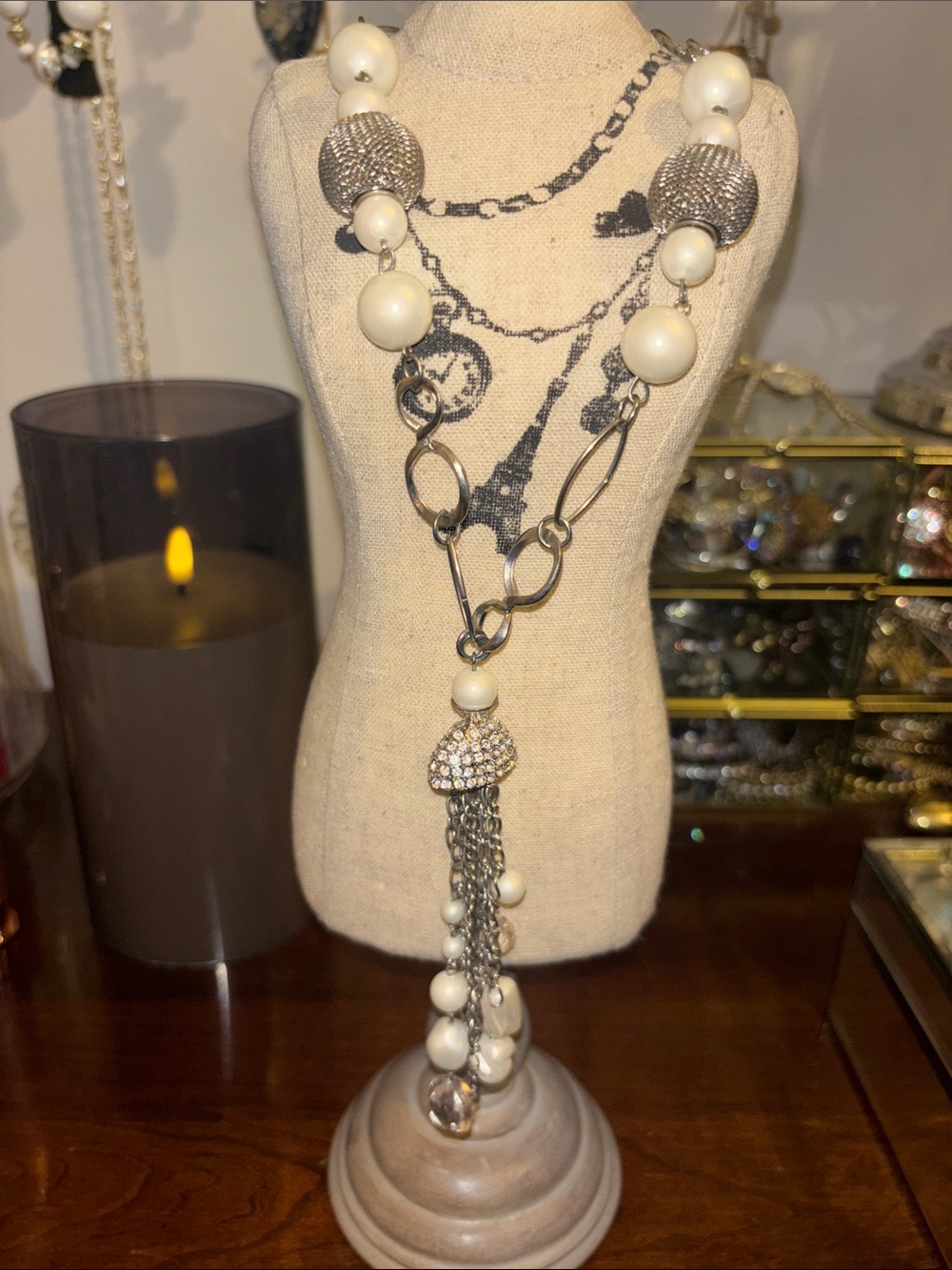 Elegant Ivory Beaded Tassel Necklace with Silver Chains